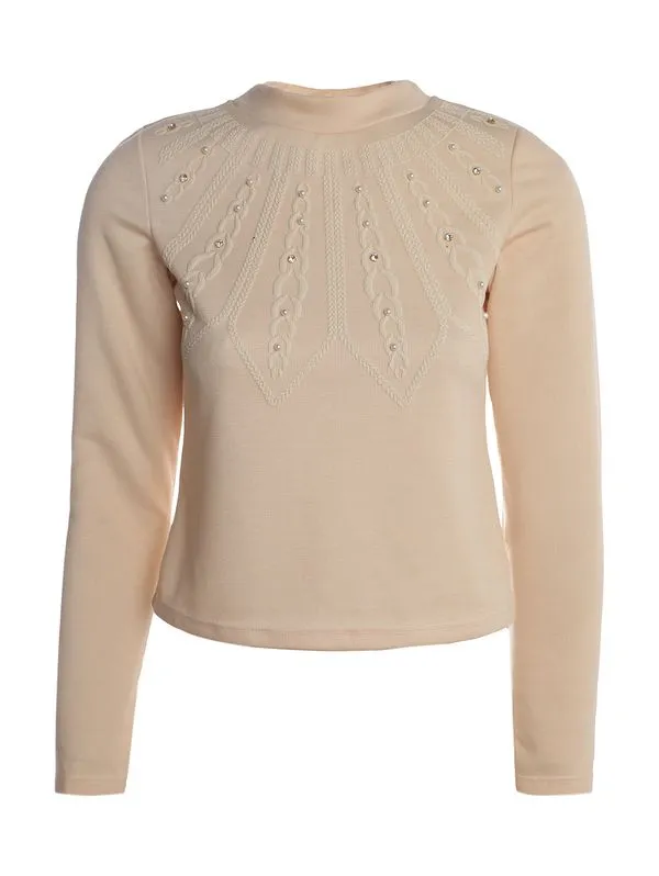 Blusa Tricot Gola Média Com Pérolas Feminina BEGE M