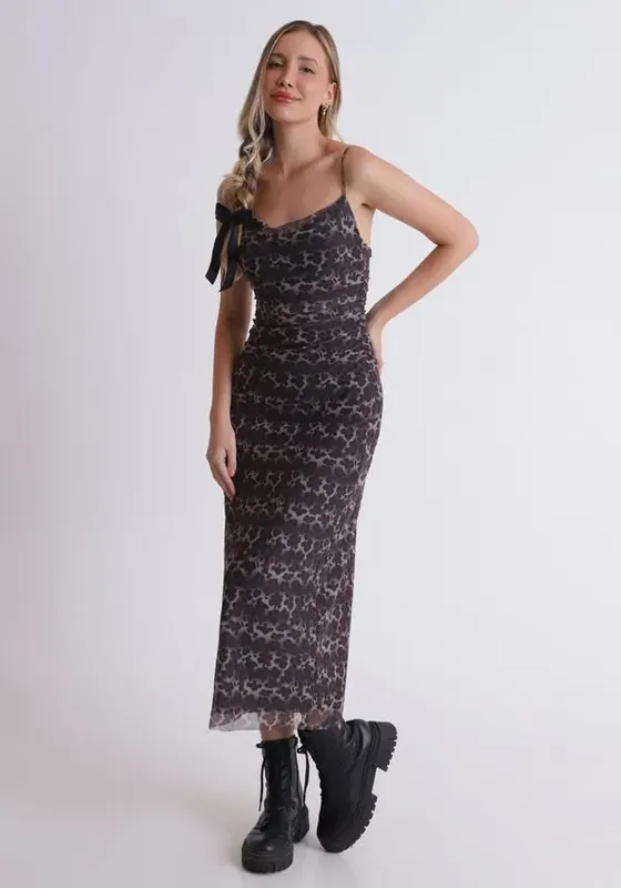 Vestido midi estampado em tule Marrom GG
