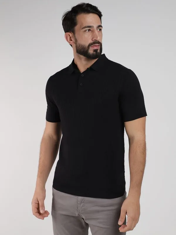 Polo Tricot Canelado Manga Curta Masculina PRETO M