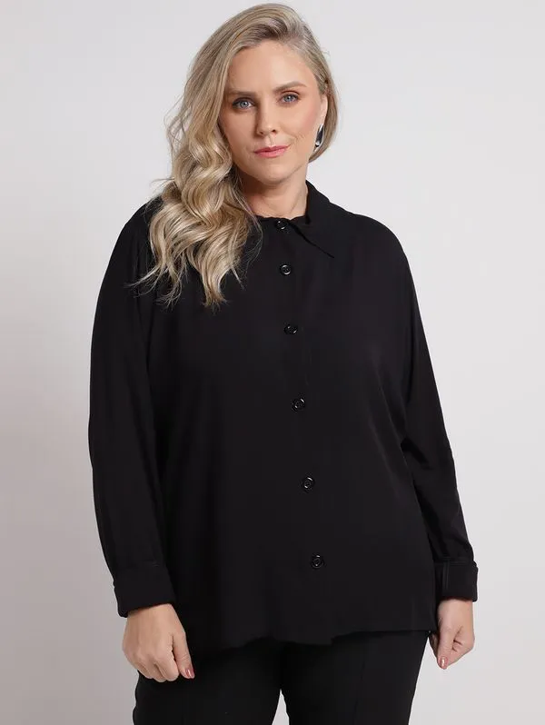 Camisa Viscose Manga Longa Plus Size Feminina PRETO G1