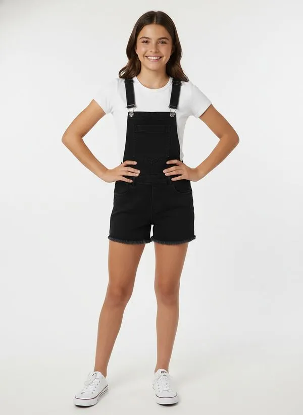 Jardineira Jeans Com Puídos Juvenil Para Menina- PRETO 12