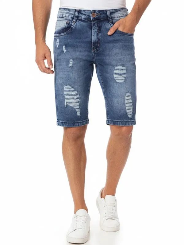 Bermuda Jeans com Puídos Masculina AZUL 48