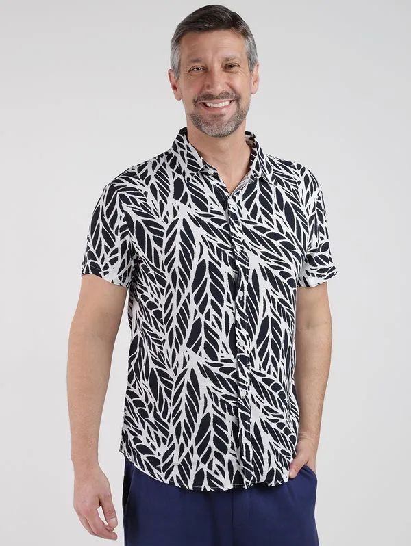 Camisa Estampada Manga Curta Masculina BRANCO/PRETO P
