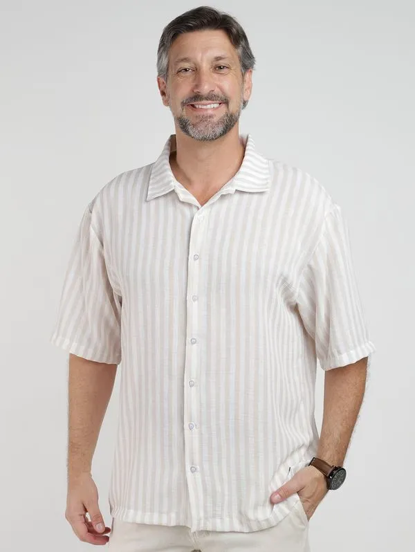 Camisa Oversized Listrada Masculina BEGE GG
