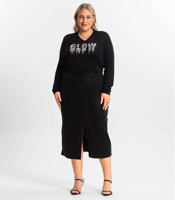 Saia Midi Plus Size Com Fenda Secret Glam Preto Plus G4