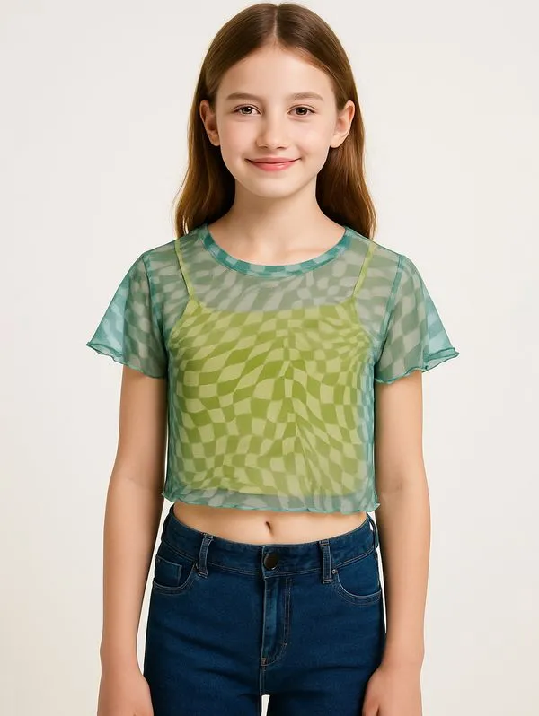 Blusa Tule Sobreposição Juvenil Para Menina - VERDE 12