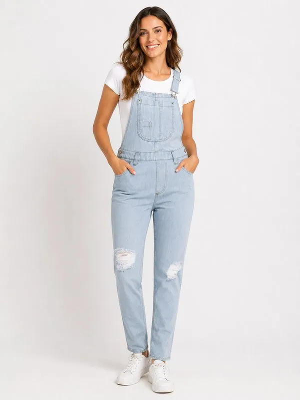 Jardineira Jeans Longa Destroyed Feminina AZUL 44