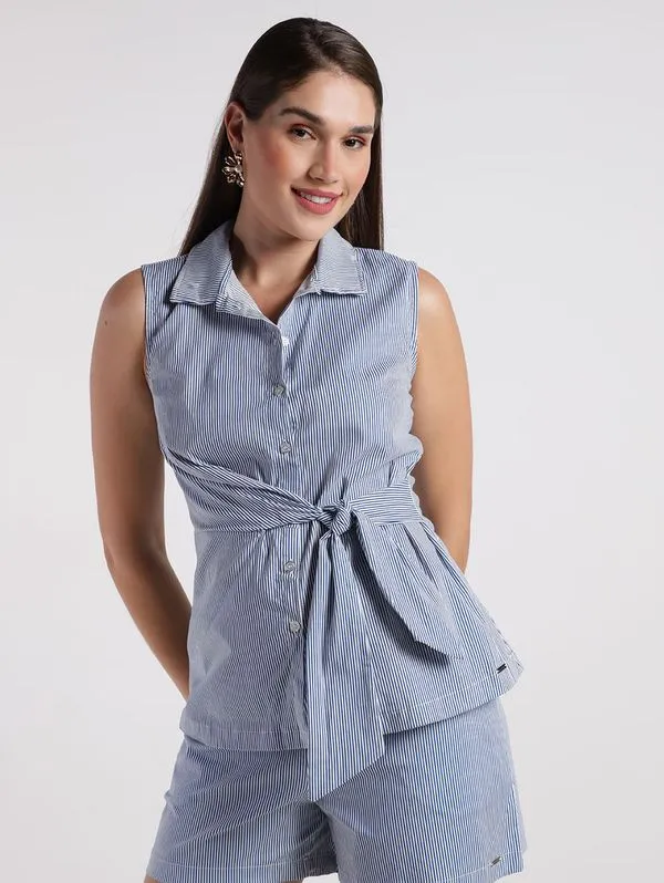 Camisa Listrada Sem Mangas Feminina MARINHO P