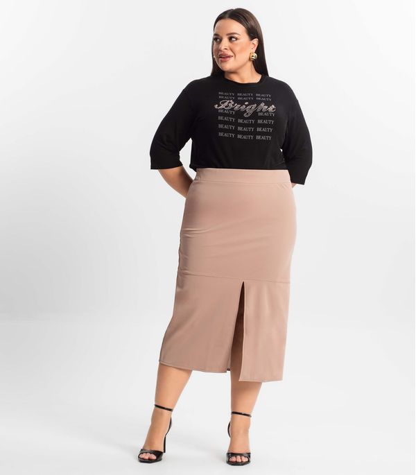 Saia Midi Plus Size Com Fenda Secret Glam Marrom Plus G1