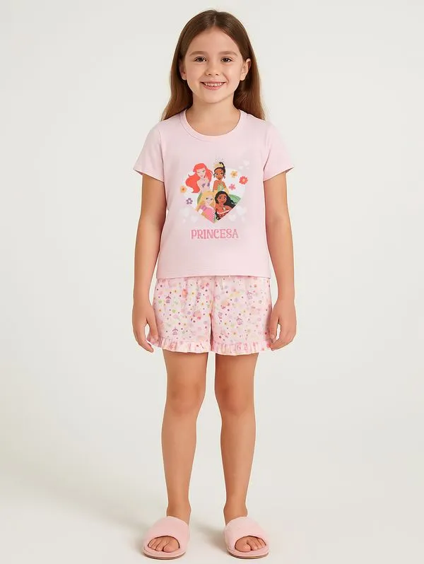 Pijama Curto Princesas Infantil Para Menina ROSA CLARO 4