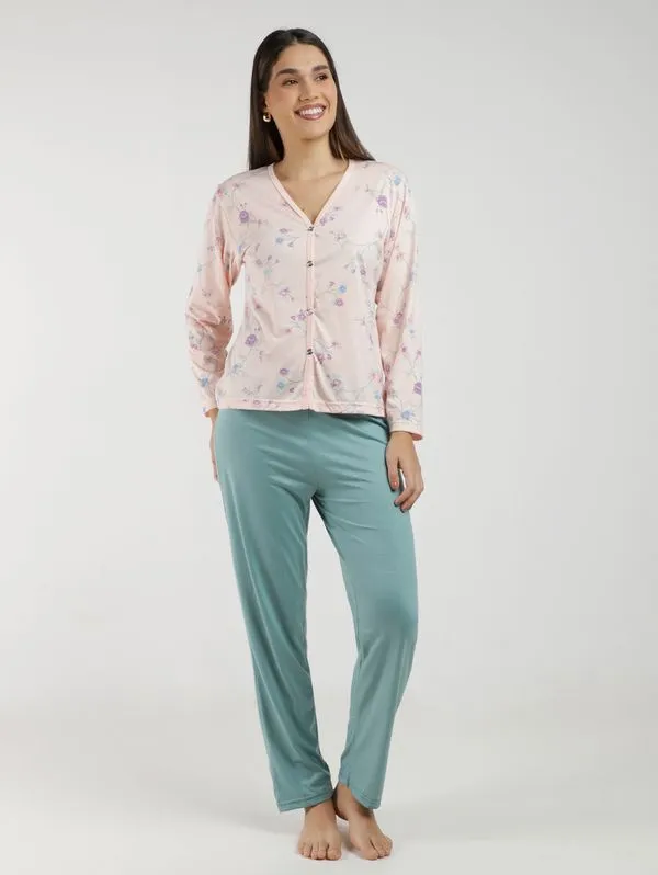 Pijama Longo Americano Feminino SALMAO/VERDE GG
