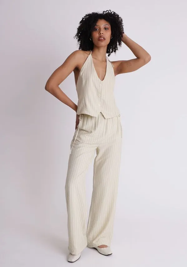 Calça risca de giz com amarração no cós Amarelo M