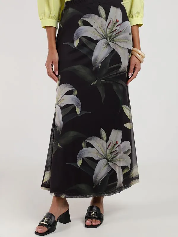Saia Tule Lírios Feminina PRETO P