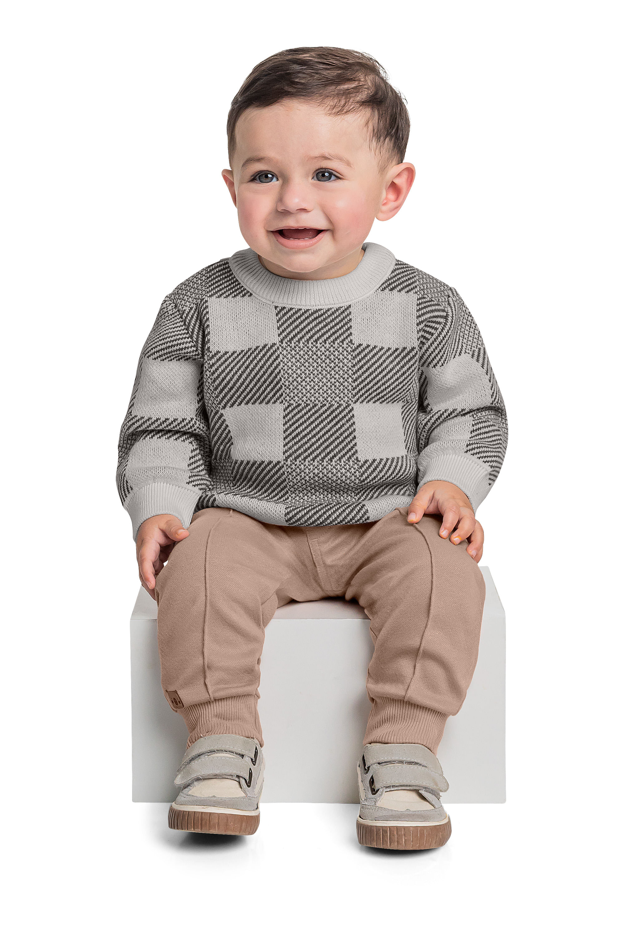 Blusão em Tricô Xadrez para Bebê Menino (Cinza) Quimby