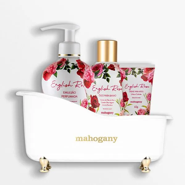 Kit English Rose Creme para Mãos, Óleo e Hidratante Corporal e Banheira Branca