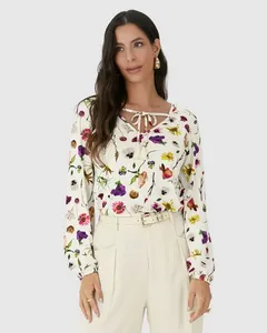 Blusa Feminina Amarração No Decote Em Malha Viscolinho Stretch Off White - PP