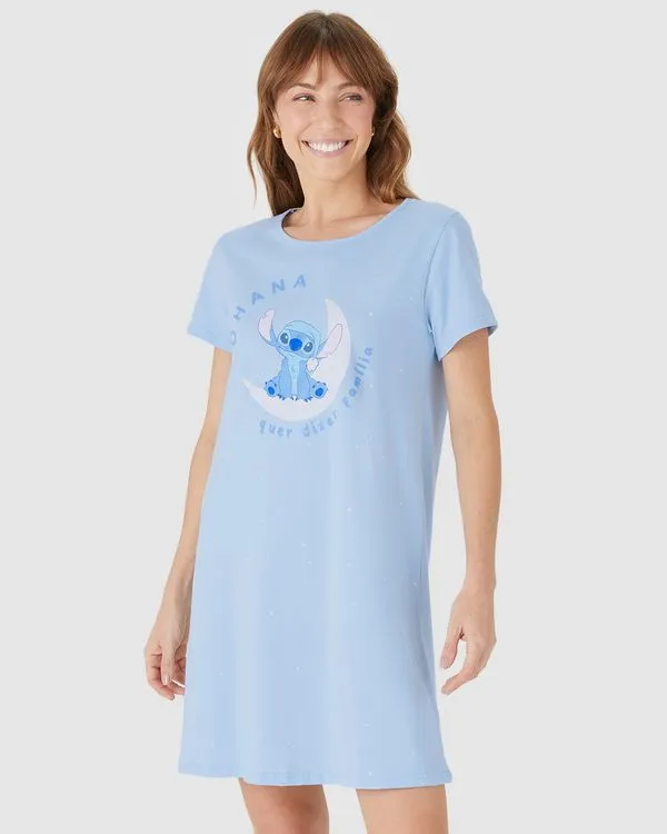 Camisola Feminina Estampa Ohana Stitch Disney Em Algodão Azul - PP