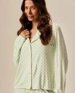 Pijama Longo Feminino Americano Estampa Xadrez em Viscose Stretch Verde - G