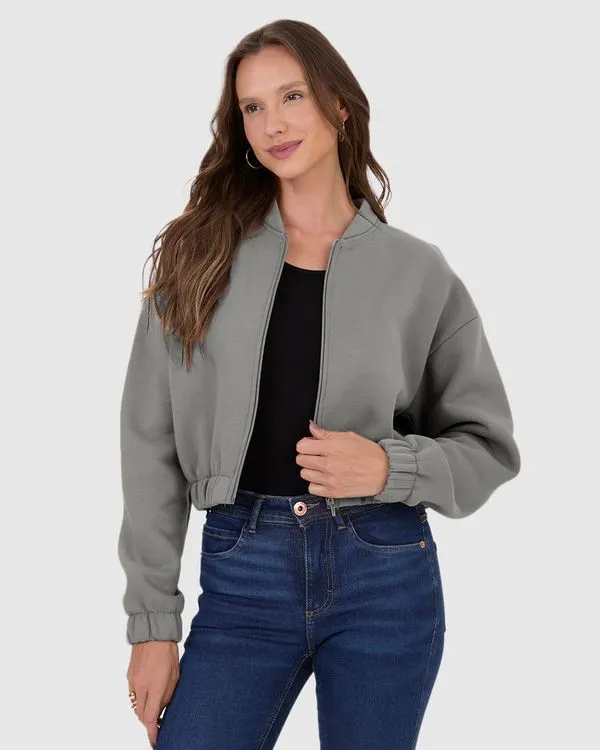 Jaqueta Feminina Bomber Zíper Frontal Em Moletom Premium Cinza - GG