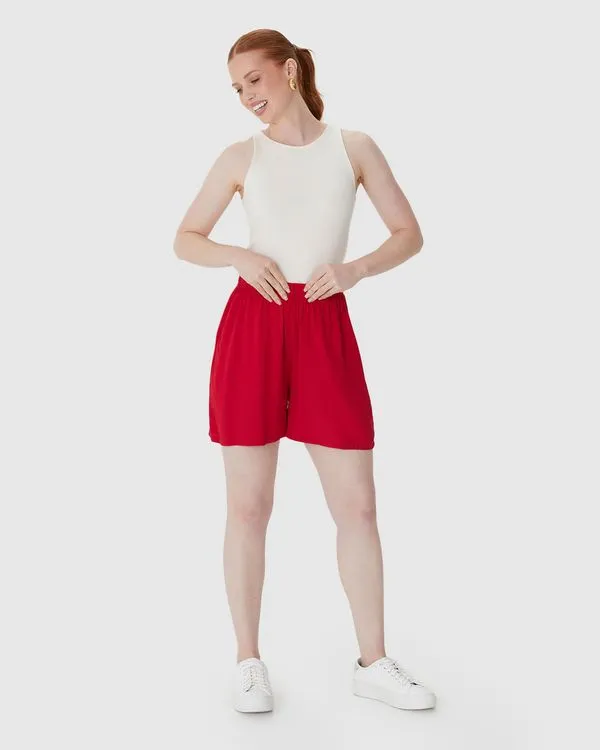 Shorts Alfaiataria Feminino Cós Elástico Bolso Faca Em Viscose Vermelho - GG
