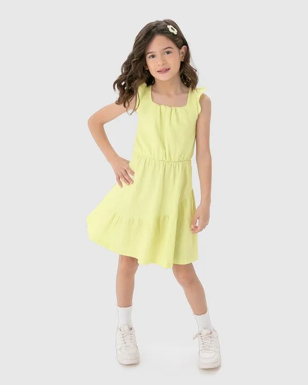 Vestido Infantil Acinturado Decote Quadrado Em Malha Texturizada Malwee Kids Amarelo - 10