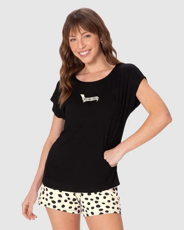 Pijama Curto Feminino Blusa E Shorts Estampado Em Viscose Stretch Preto - P