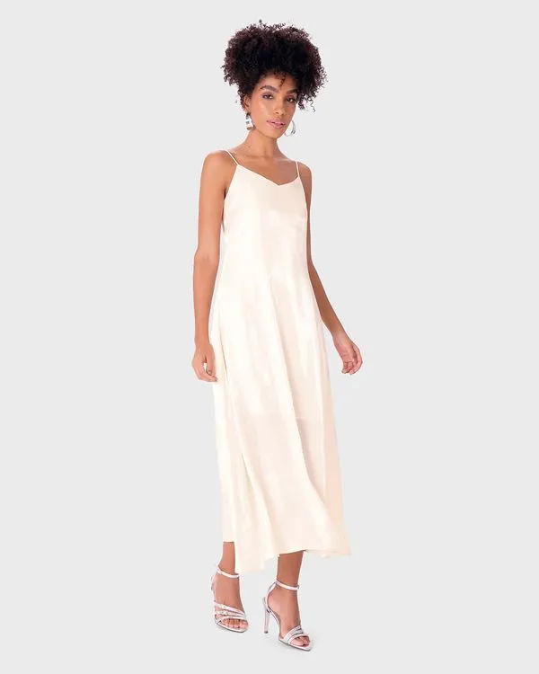 Vestido Midi Feminino Evasê Alça Fina Em Tecido Acetinado Glow - ENFIM Off White - M