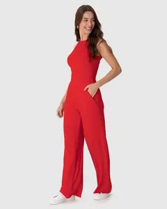 Calça Wide Leg Feminina Cintura Alta Em Malha Canelada De Viscose Vermelho - M