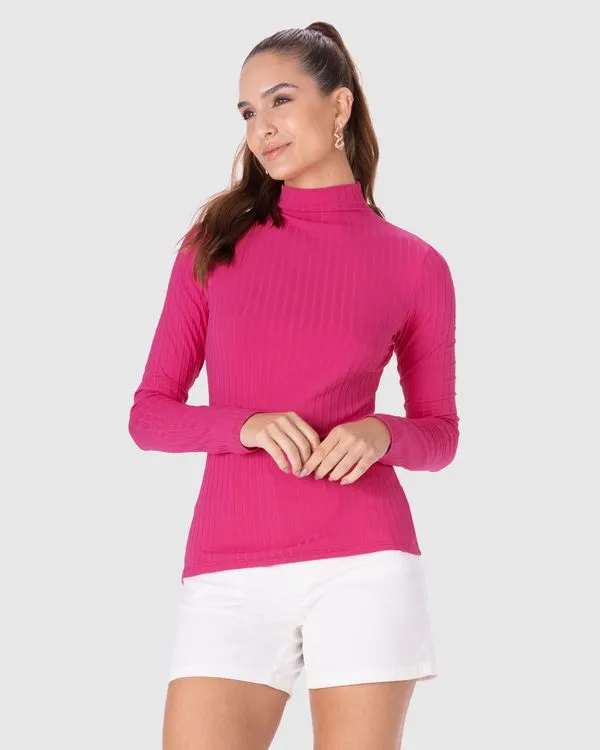 Blusa Básica Feminina Gola Alta Em Malha Canelada De Viscose Rosa - PP