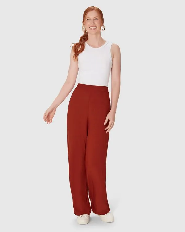 Calça Reta Feminina Cintura Alta Em Viscose Marrom - M