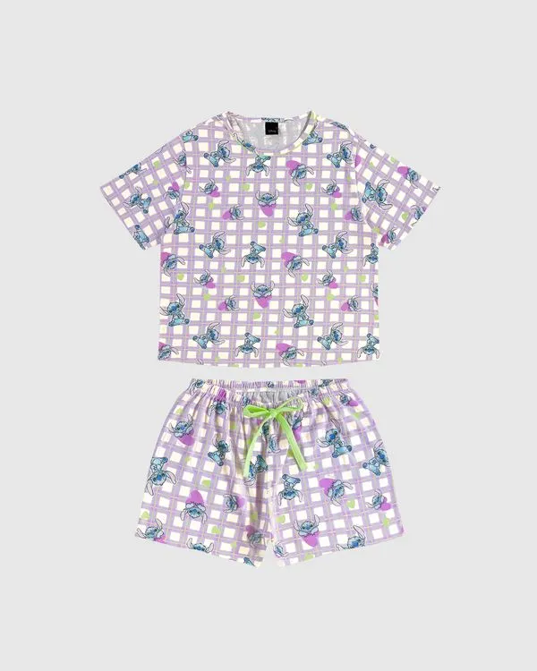 Pijama Curto Feminino Estampado Stitch Disney Em Algodão Off White - GG