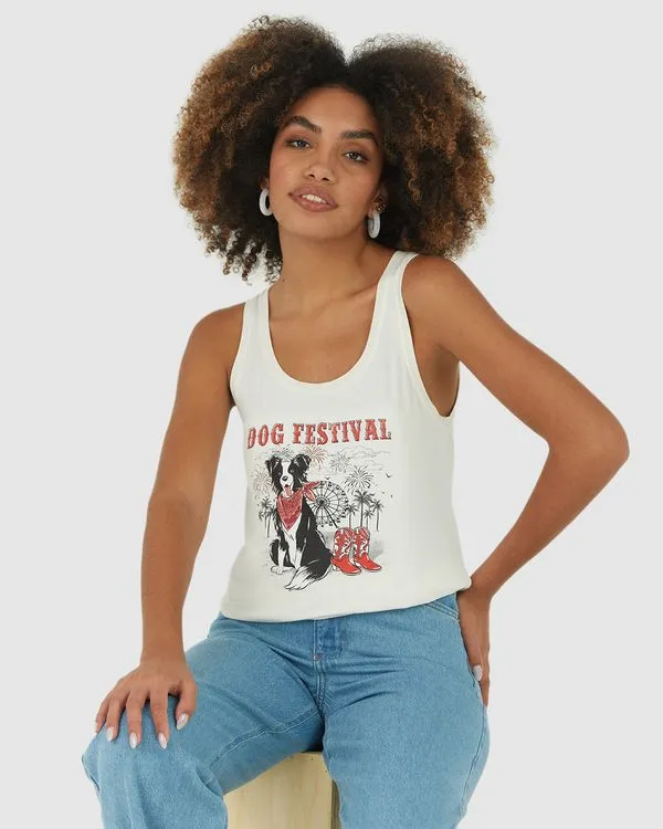 Regata Feminina Dog Festival Em Viscose Stretch Off White - G