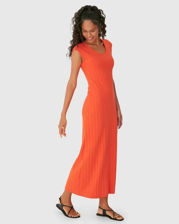Vestido Midi Feminino Acinturado Em Malha Viscose Canelada Laranja - G