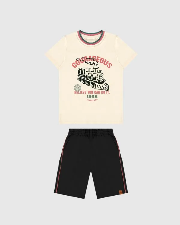 Conjunto Infantil Menino Camiseta Courageous Em Algodão Malwee Kids Off White - 12