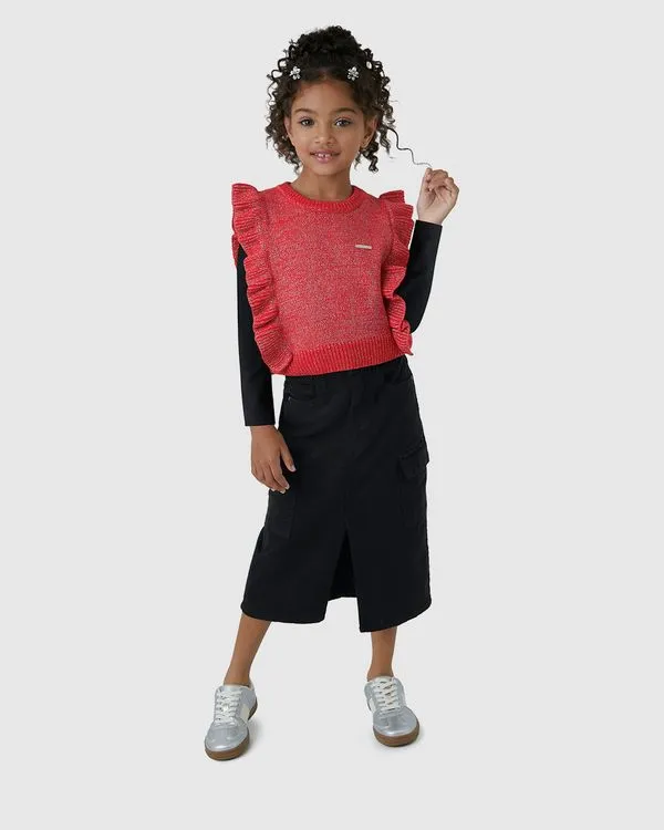 Saia Menina Midi Cargo Em Sarja Com Elastano - Carinhoso Preto - 8