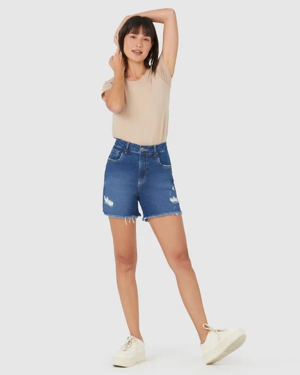 Bermuda Feminina Boyfriend Barra Desfiada Em Jeans Com Elastano Azul - 42