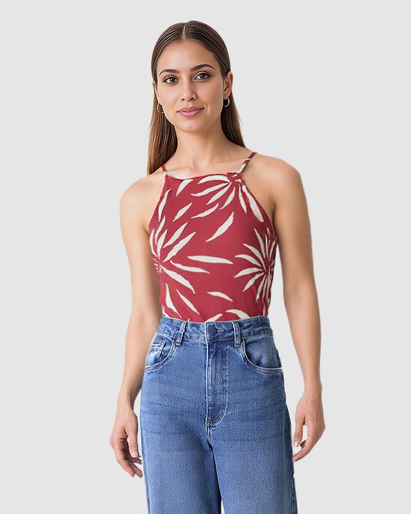 Regata Feminina Decote Halter Alça Fina Em Malha Viscose Canelada Vermelho - P