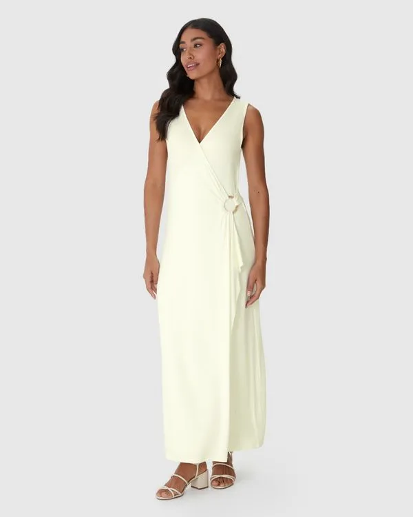 Vestido Midi Feminino Transpassado Detalhe Com Argola Em Viscose Stretch Off White - GG