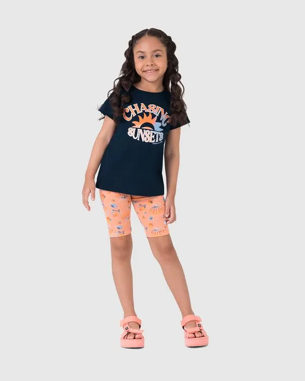 Conjunto Infantil Menina Bermuda Ciclista Estampada Em Algodão Malwee Kids Azul - 18
