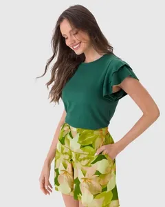 Blusa Feminina Manga Babados Em Malha Linho Verde - XGG