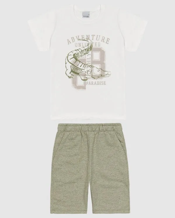 Conjunto Infantil Menino Camiseta E Bermuda Em Mix Tecidos Malwee Kids Off White - 8