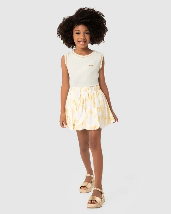 Conjunto Menina Saia Estampa Metalizada Em Viscose - Carinhoso Off White - 6