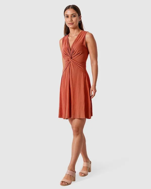 Vestido Feminino Decote V Detalhe Torção Frontal Em Malha Viscose Canelada Laranja - M