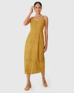 Vestido Midi Feminino Botões Frontais Detalhe Vazado Costas Em Laise Algodão Amarelo - GG