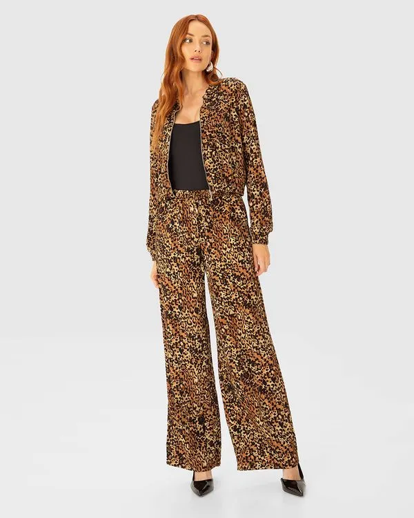 Calça Wide Leg Feminina Animal Print Em Viscose - ENFIM Marrom - GG