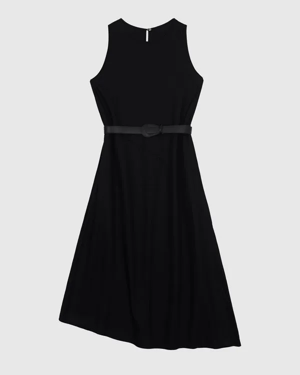 Vestido Midi Feminino Com Cinto E Barra Assimétrica Em Crepe De Viscose - ENFIM Preto - G