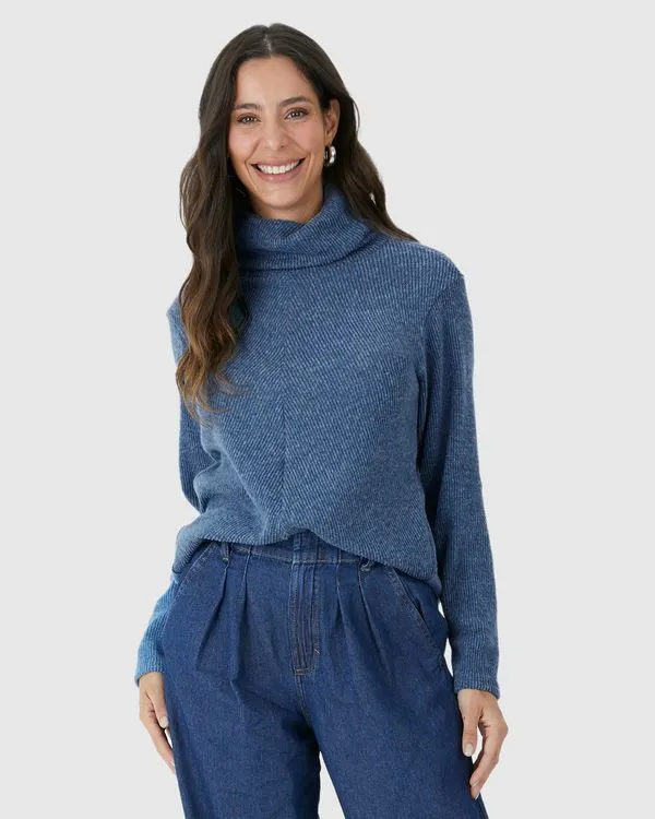 Blusa Ampla Feminina Gola Alta Em Tricô Rajado Flanelado Azul - M