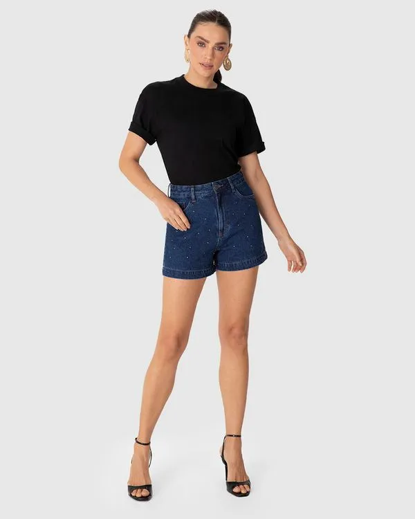 Shorts Feminino Mom Aplicação Tachas Em Jeans 100% Algodão - ENFIM Azul - 38