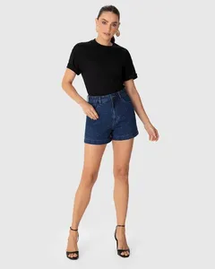 Shorts Feminino Mom Aplicação Tachas Em Jeans 100% Algodão - ENFIM Azul - 40