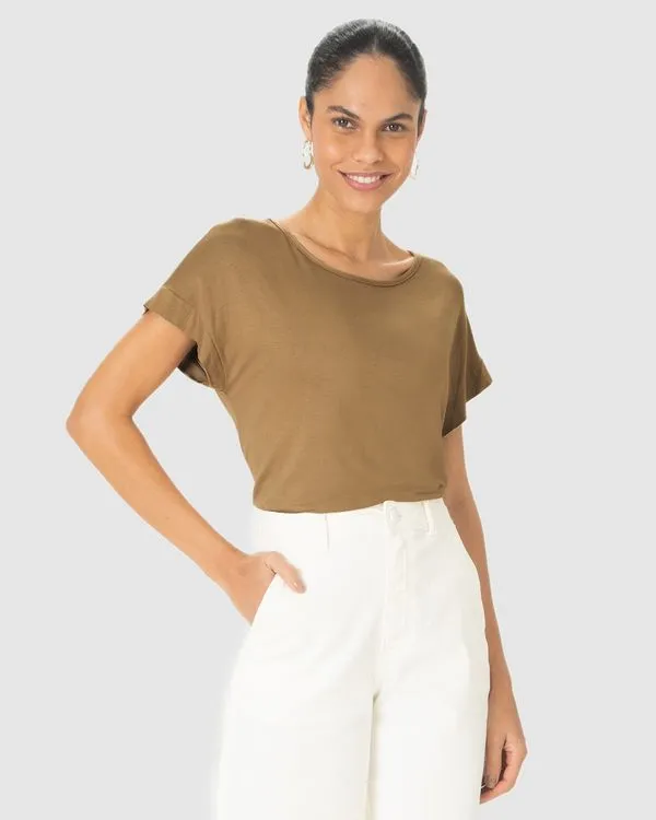 Blusa Ampla Feminina Manga Curta Em Malha Viscolinho Stretch Marrom - PP